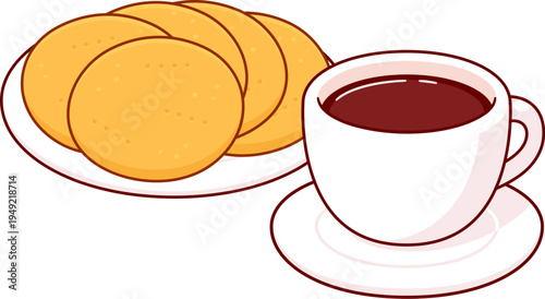 Sopaipillas with cup of tea or coffee, traditional Chilean Once food drawing. Cute cartoon vector illustration.