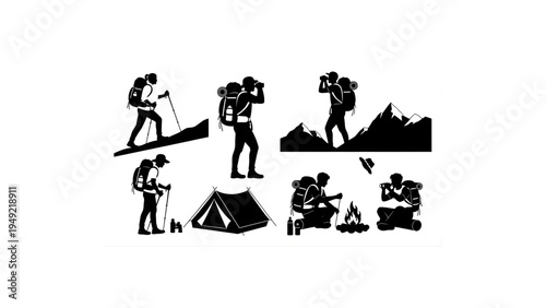 Hiking with Backpacks Silhouettes Vector Set – Outdoor Adventure People Activity Illustration