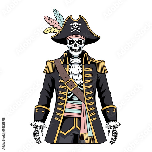 Skeleton Pirate Captain in Military Uniform with Feathers and Skull Emblem