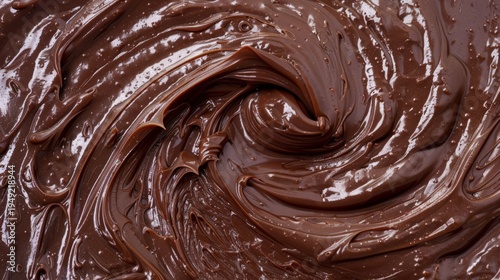 A swirl of chocolate sauce is poured onto a plate. The sauce is thick and rich, with a deep brown color. The swirl pattern creates a sense of movement and energy, as if the sauce is flowing
