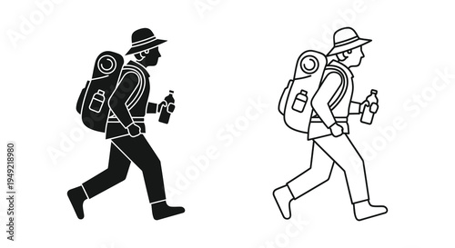 Two hikers with backpacks and water bottles in a stark black silhouette