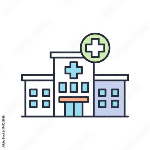 Modern hospital building icon with cross symbol on white background