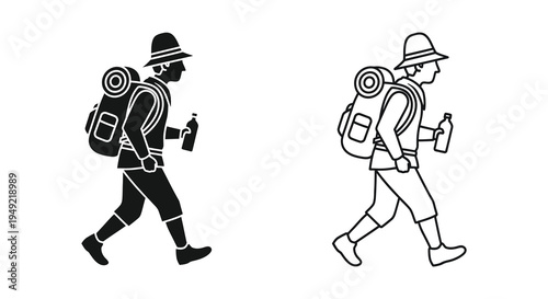 Two hikers with backpacks walking depicted in a stark black silhouette