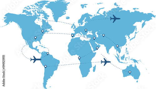 global travel world map with airplane routes, international flight path network illustration, tourism transportation vector design isolated background
