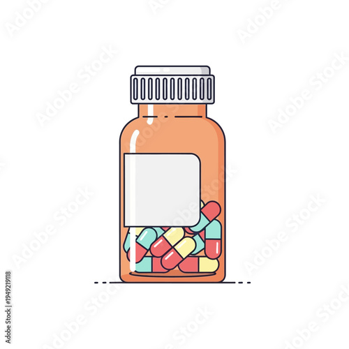 Pill Bottle with Colorful Capsules and Blank Label - Medical Health Concept