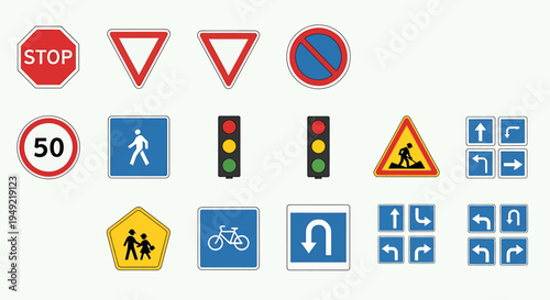 Traffic Signs and Road Safety Vector Icons, Urban Transportation, Graphic Illustration, Flat Design, Top-Down View, Road Navigation Concept