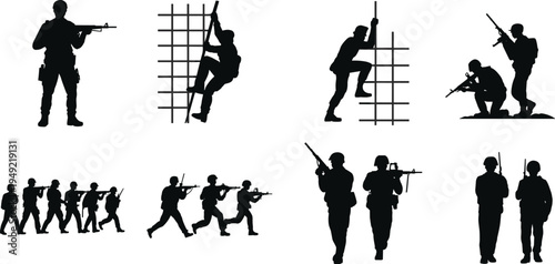 Silhouettes of soldiers marching, running, climbing, aiming rifles, and tactical stances representing military training, teamwork, discipline, defense, and combat readiness