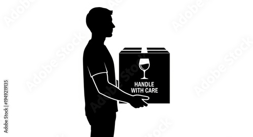 Man silhouette carrying fragile package with care symbol.
