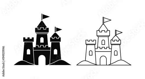 Two black sandcastles with flags a simplified graphic representation silhouette
