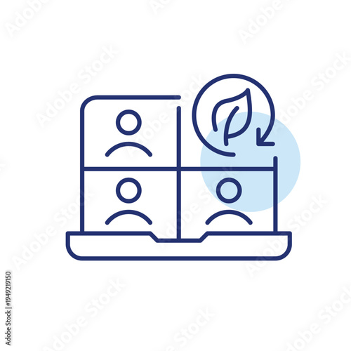 Green communication, online sustainability. Laptop video call, leaf and renew arrow. Pixel perfect, editable stroke vector icon