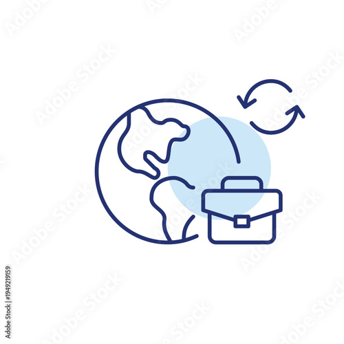 Earth, briefcase and renew arrows. Pixel perfect, editable stroke vector icon