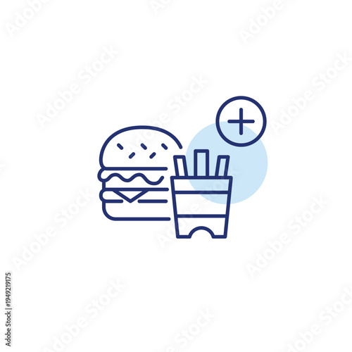 Add meal to order. French fries, burger and plus symbol. Extra food. Pixel perfect, editable stroke vector icon