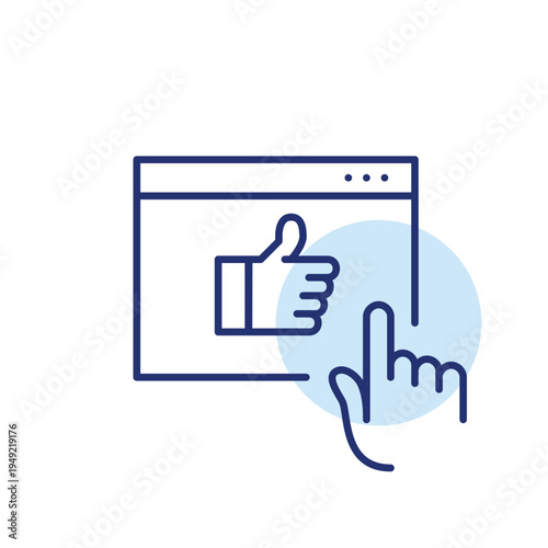 Like symbol on web page and finger click. Website approval, page satisfaction. Pixel perfect, editable stroke vector icon