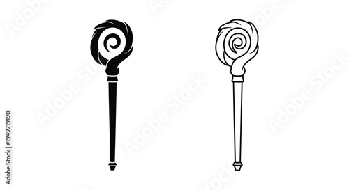 Two ornate staff designs one solid and one outline presented as a silhouette