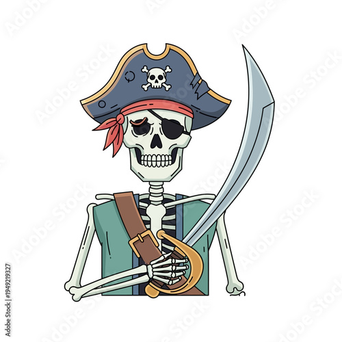 Skeleton Pirate with Cutlass and Eyepatch, Cartoon Character