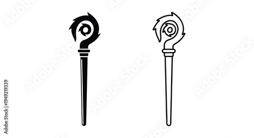 Two ornate staff designs a black and a white version in silhouette