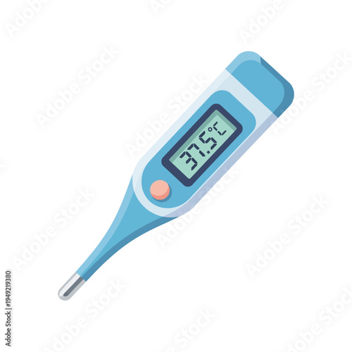 Digital thermometer showing 37.5 degrees Celsius on white background