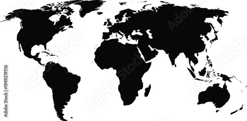 black world map silhouette, global continents map illustration isolated on white background, flat earth geography vector for travel education design