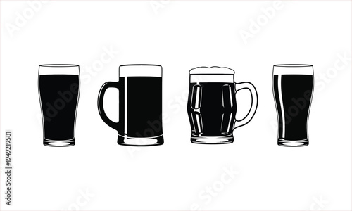 set of four black beer glasses on white background