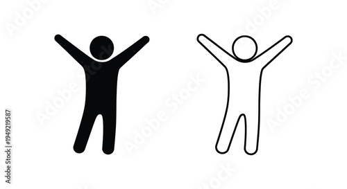 Two figures with arms raised one dark and one light simple silhouette