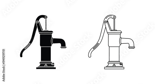 Two water pump illustrations one solid and one outline showcasing a classic design silhouette