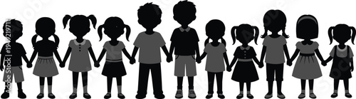 Large group of diverse children silhouette holding hands together, multiethnic boys and girls standing in line, vector illustration, isolated