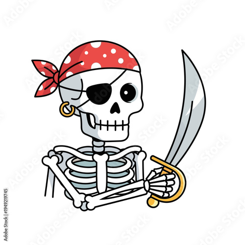 Cartoon Pirate Skeleton with Cutlass Sword and Eyepatch
