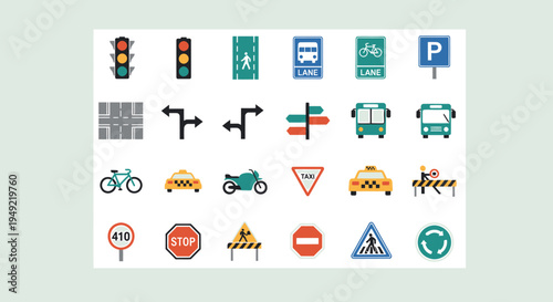Traffic Signs and Symbols Vector Icon Pack, Urban Road Safety, Transportation Graphics, Flat Design, Top View, Digital Illustration