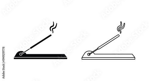 Two depictions of burning incense sticks with smoke a stark black silhouette