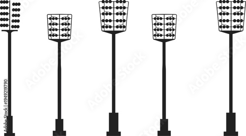 Stylized silhouettes of streetlights with abacus-inspired tops combining utility, calculation, creativity, abstract design, urban concept, and vector illustration art