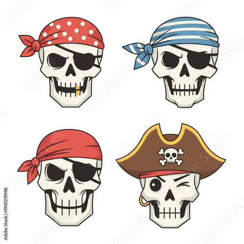 Four Cartoon Pirate Skulls with Bandanas, Eyepatches, and Hats