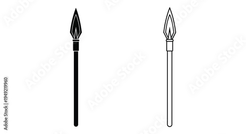 Two spearheads one angled depicted in a striking black and white silhouette