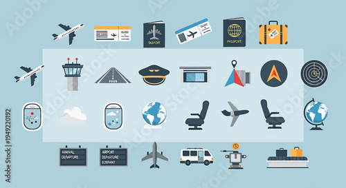 Airline Travel Vector Icons Pack Featuring Pilot, Aircraft, Airport, Flight Control, and Passenger Elements in Flat Design Style