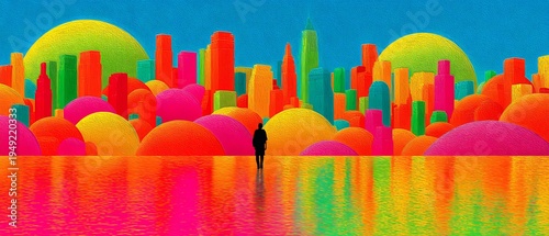 person walking in colorful candy city