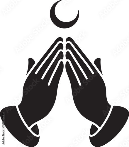Two silhouetted hands clasped together in prayer with a small crescent moon floating above them