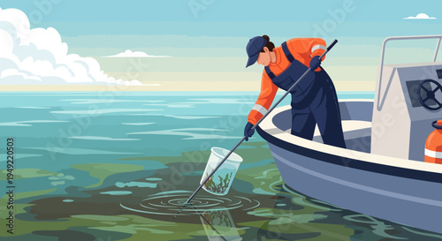 Fisherman Collecting Water Samples from Ocean.