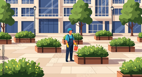 Gardener Tending Plants in Office Courtyard.