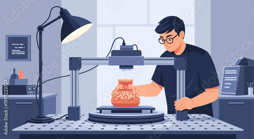 Man operating a 3D printer machine.