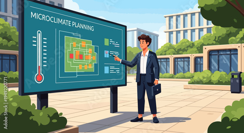 Man presenting microclimate planning on digital display.
