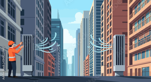 Technician Inspecting Air Conditioning Units on Buildings.