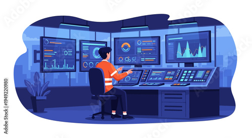 Technician Monitoring Control Room Systems.