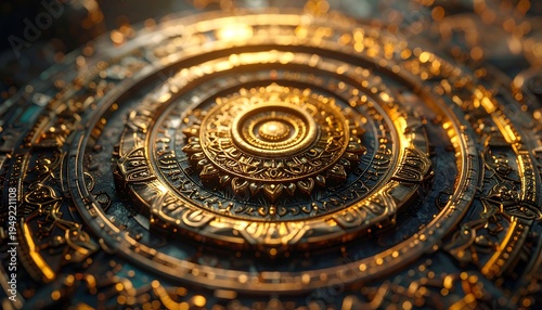 Close-up of a detailed, circular, metallic object. It features intricate, golden embellishments on a rough, textured surface, with bright lighting