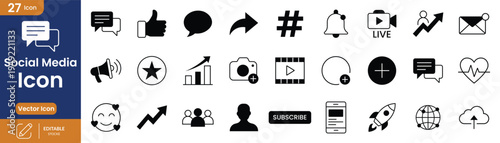 Social media vector icons showing communication engagement growth and user interaction in solid black style
