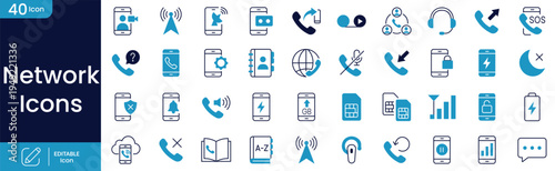 Network icons set. contains such icons as video call, antenna, mobile network, help call, mobile, settings, phone book and more