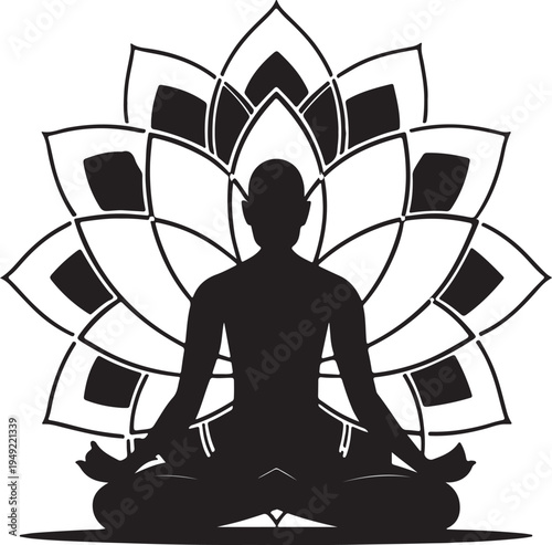 Silhouette of a person meditating in lotus position with floral backdrop