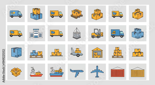 Modern flat design vector icon pack representing diverse elements of logistics, freight, and transportation, perfect for web, mobile apps, and business projects