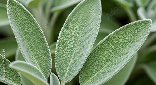 Closeup of fuzzy sage leaves in a garden.