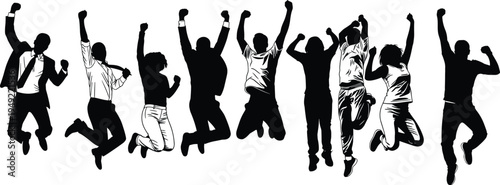 Jumping people silhouette vector set, happy group celebrating success, business teamwork joy, diverse crowd leaping in air, hand drawn illustration.