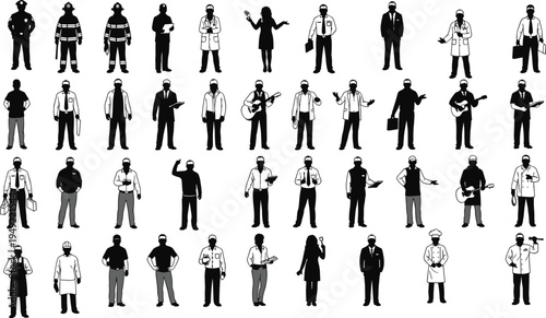 Large collection of diverse professional people silhouettes representing various occupations careers and jobs like doctor police chef musician and business.