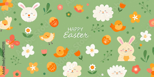 A cheerful easter illustration with bunnies chicks and colorful flowers